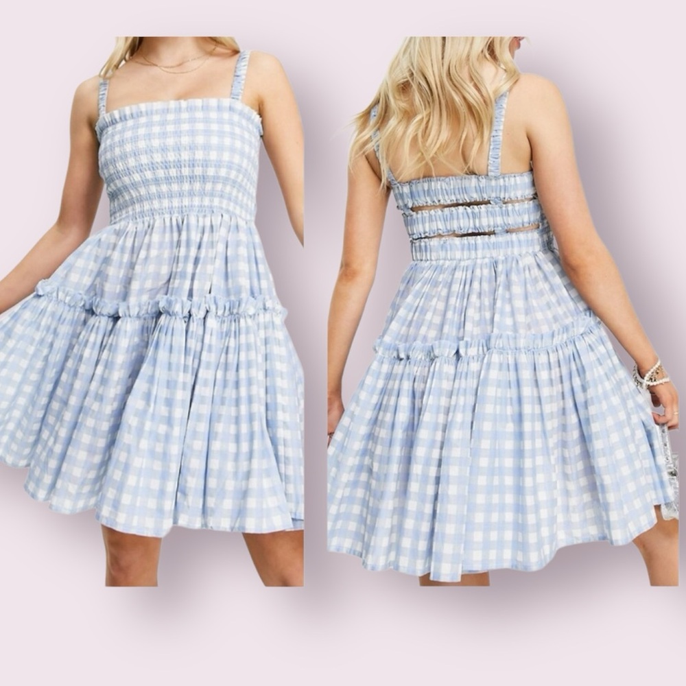 Shero Gingham Mini Sun Dress Strappy Ladder Open Back Blue & White Small